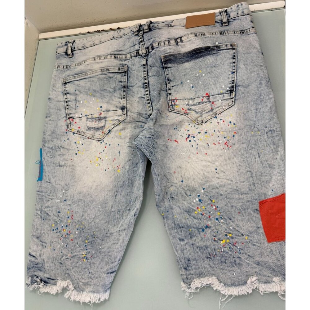 Smoke Rise Jean Shorts Mens 42 Paint Splatter Distressed Stretch Streetwear - Picture 2 of 9